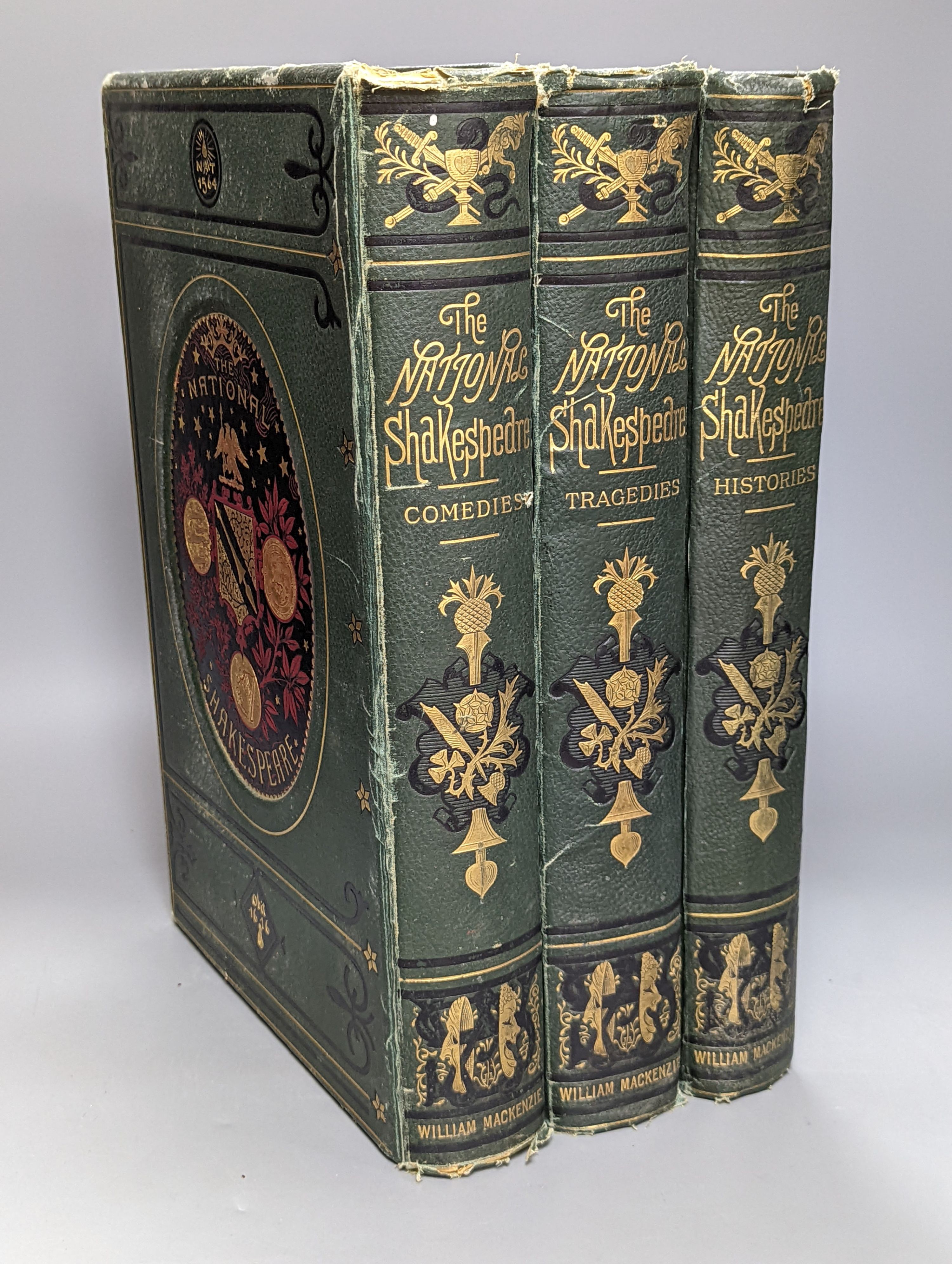 Shakespeare, William - The National Shakespeare: a fac-simile of the text of the first folio of 1623 ... num. plates; publisher's green gilt morocco, coloured pictorial inset on upper boards